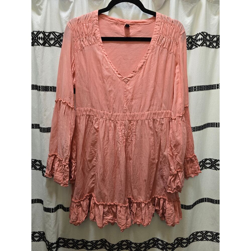 European Culture‎ light pink flare sleeve v-neck mini skater dress with ruffles
